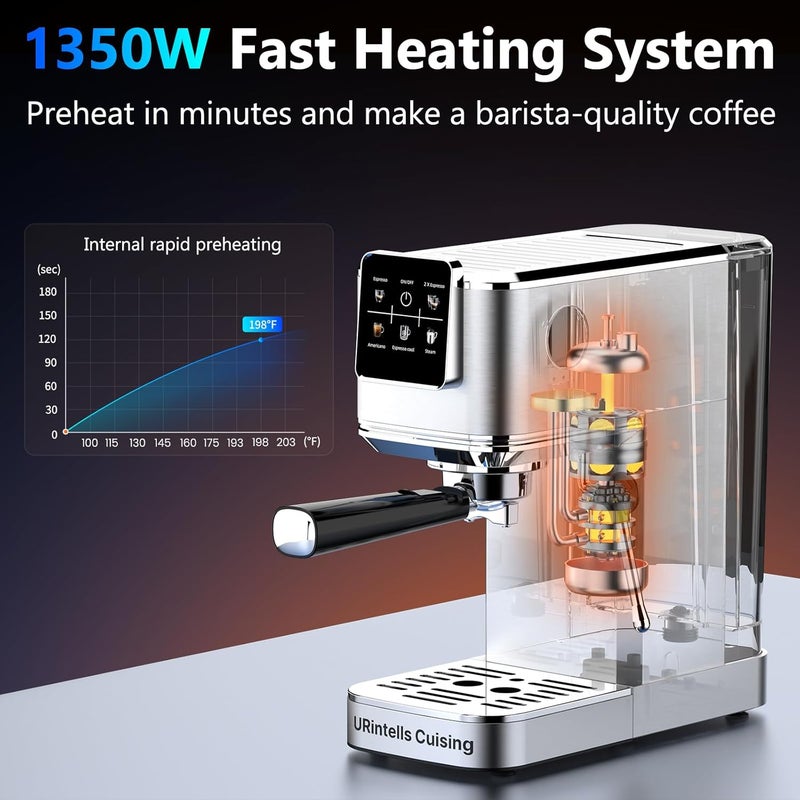 URintells Cuising Espresso Machine 20 Bar,Touch Screen Espresso Maker with Steam Milk Frother,Stainless Steel Coffee Machine for Cappuccino Latte Americano Cold Brew,1350W Fast Heat Up System,Silver - Image 5